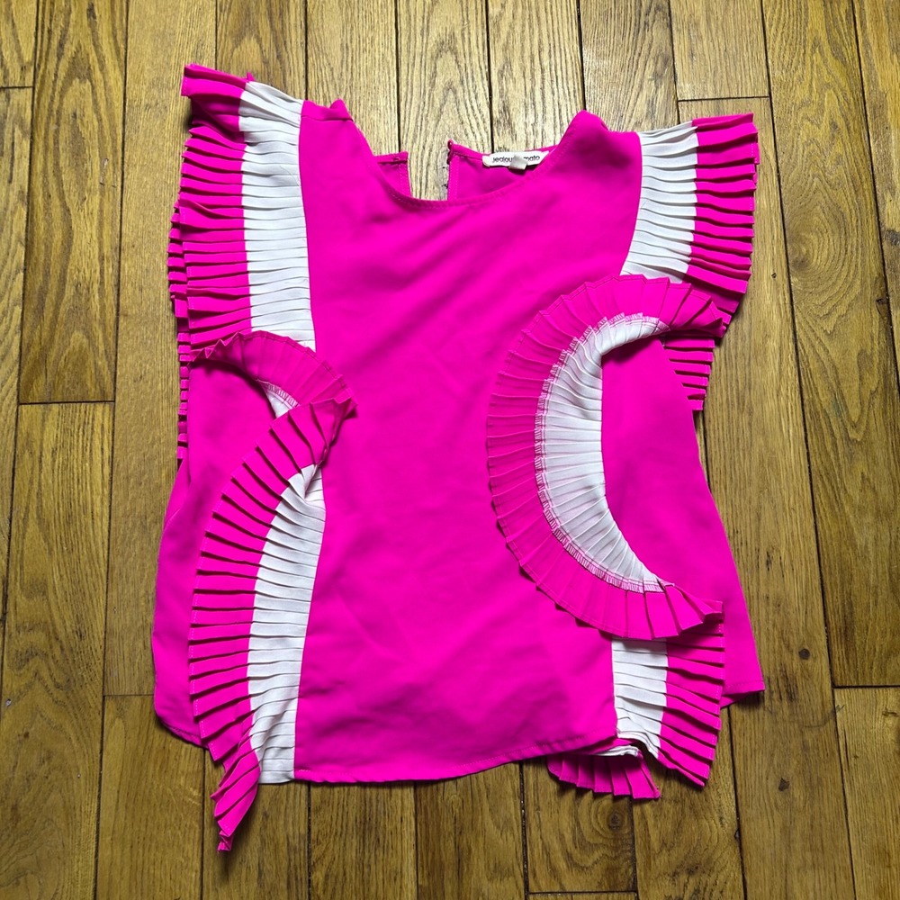Jealous Tomato‎ Pink White Pleated Ruffle Blouse JT8235 Fuchsia Sleeveless Top L